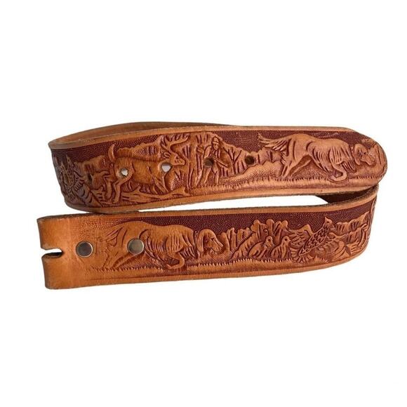 Vintage Tooled Leather Belt Hunting Dog Brown Western ERICA Womens Girls 26 XS - Picture 1 of 12